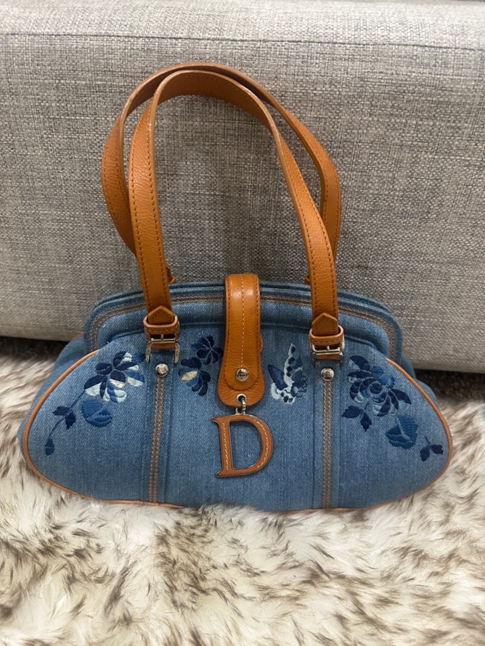 Dior Denim Shoulder Bag with Tan Leather Trim